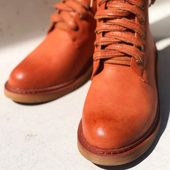NEW Cognac Orange Laced Up Zipper Back Wooden Heel Mid Calf Ankle Combat… - Picture 5 of 13